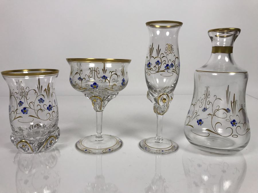 JUST ADDED - Elegant Gold Rimmed Hand-Painted Crystal Glassware Stemware With Decanter (Numbers Below Each Type Indicate Individual Quantities) (MOE) [Photo 8]