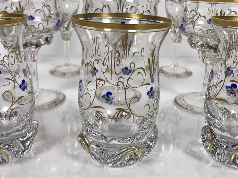 JUST ADDED - Elegant Gold Rimmed Hand-Painted Crystal Glassware Stemware With Decanter (Numbers Below Each Type Indicate Individual Quantities) (MOE) [Photo 6]