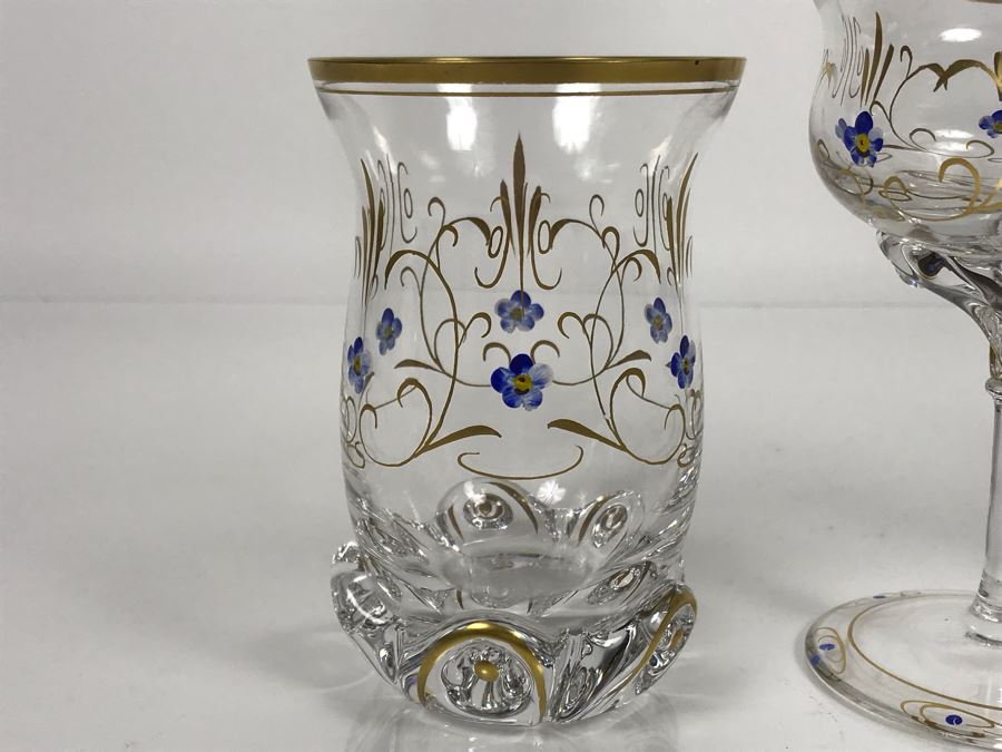 JUST ADDED - Elegant Gold Rimmed Hand-Painted Crystal Glassware Stemware With Decanter (Numbers Below Each Type Indicate Individual Quantities) (MOE) [Photo 10]