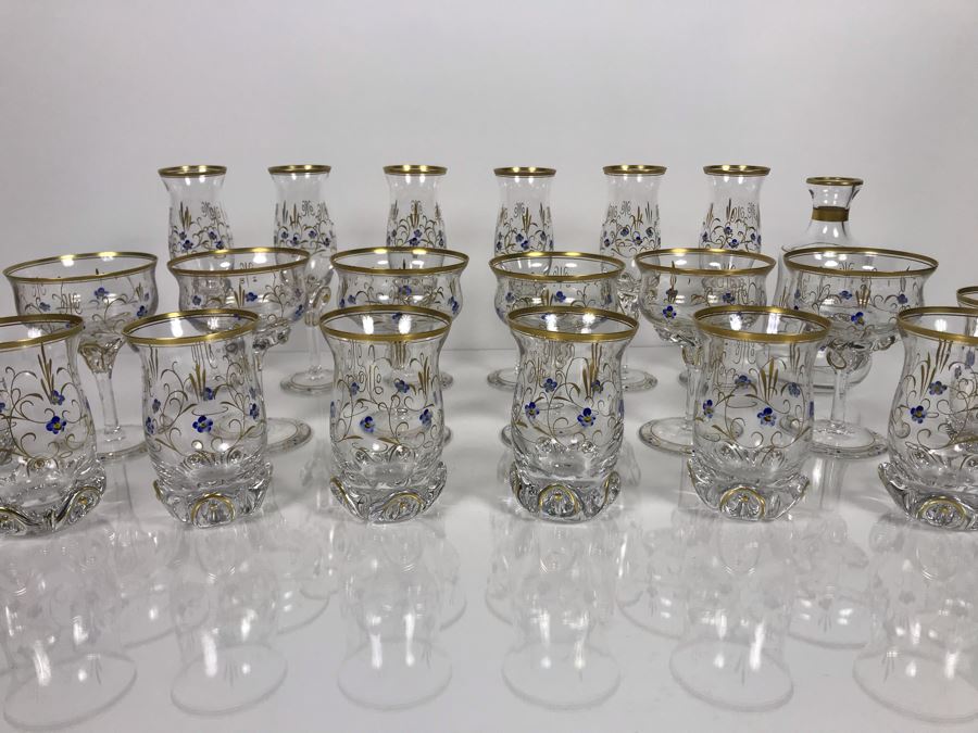 JUST ADDED - Elegant Gold Rimmed Hand-Painted Crystal Glassware Stemware With Decanter (Numbers Below Each Type Indicate Individual Quantities) (MOE) [Photo 2]
