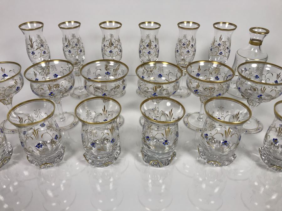 JUST ADDED - Elegant Gold Rimmed Hand-Painted Crystal Glassware Stemware With Decanter (Numbers Below Each Type Indicate Individual Quantities) (MOE) [Photo 3]