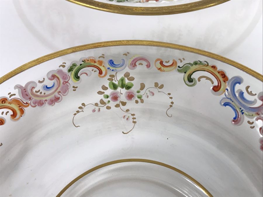 JUST ADDED - Stunning Vintage French Hand-Painted Gold Rimmed 35 Piece Crystal Glassware Includes: Stemware, Glasses, Plates, Saucers, Bowls (MOE) [Photo 67]