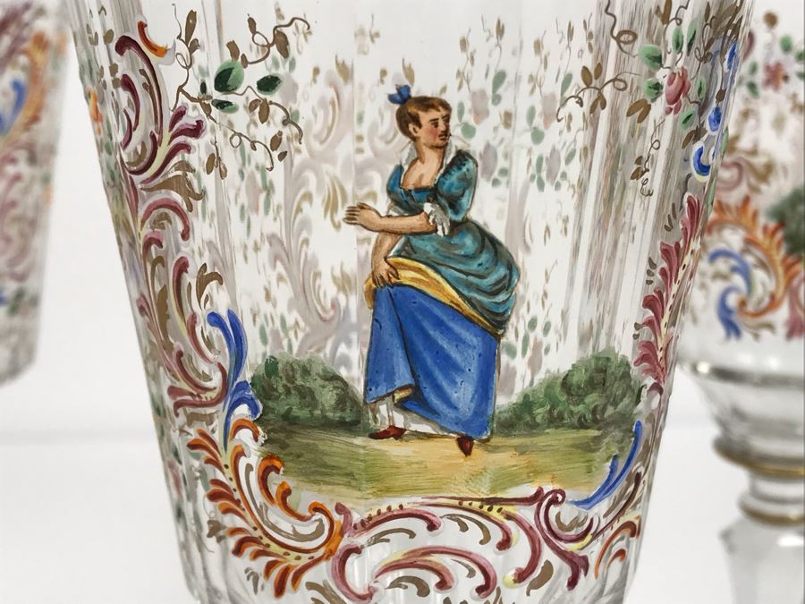 JUST ADDED - Stunning Vintage French Hand-Painted Gold Rimmed 35 Piece Crystal Glassware Includes: Stemware, Glasses, Plates, Saucers, Bowls (MOE) [Photo 8]