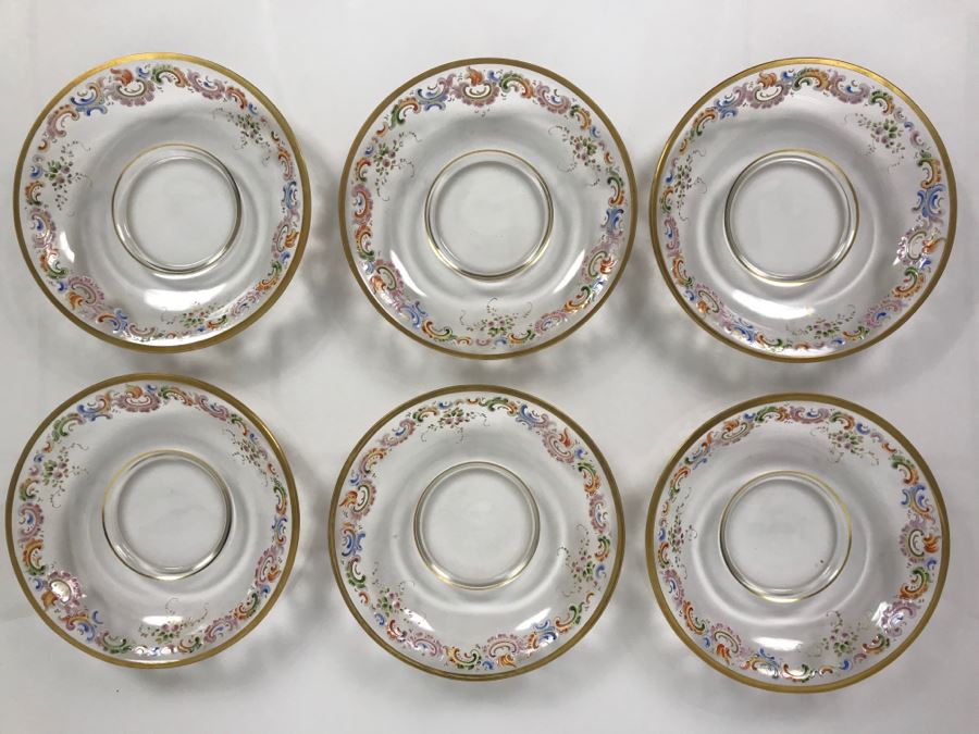 JUST ADDED - Stunning Vintage French Hand-Painted Gold Rimmed 35 Piece Crystal Glassware Includes: Stemware, Glasses, Plates, Saucers, Bowls (MOE) [Photo 64]
