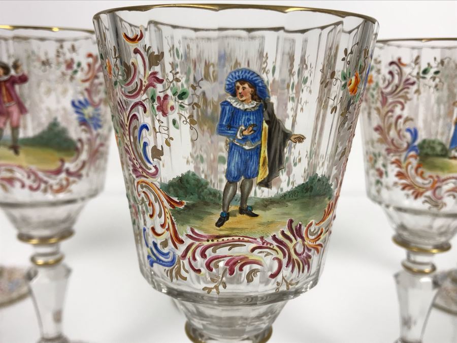 JUST ADDED - Stunning Vintage French Hand-Painted Gold Rimmed 35 Piece Crystal Glassware Includes: Stemware, Glasses, Plates, Saucers, Bowls (MOE) [Photo 6]