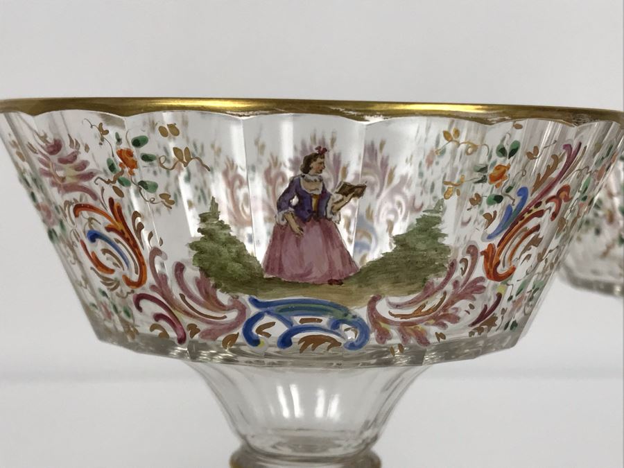 JUST ADDED - Stunning Vintage French Hand-Painted Gold Rimmed 35 Piece Crystal Glassware Includes: Stemware, Glasses, Plates, Saucers, Bowls (MOE) [Photo 22]