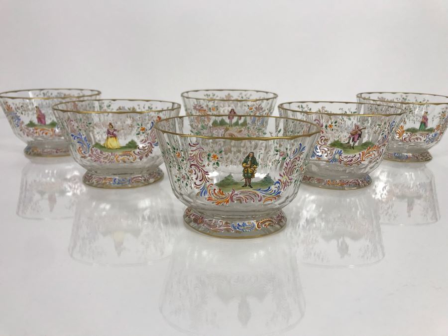 JUST ADDED - Stunning Vintage French Hand-Painted Gold Rimmed 35 Piece Crystal Glassware Includes: Stemware, Glasses, Plates, Saucers, Bowls (MOE) [Photo 28]