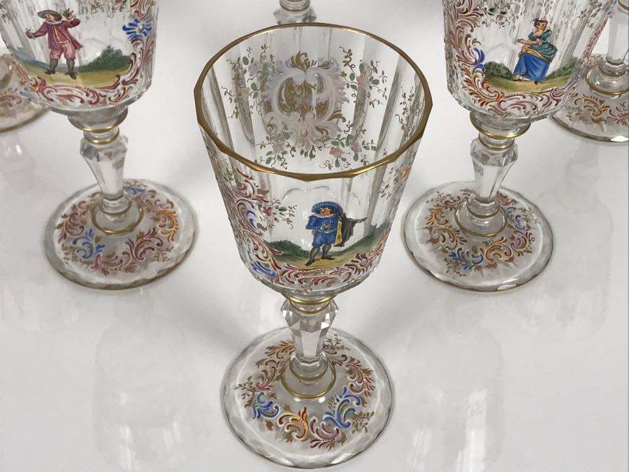 JUST ADDED - Stunning Vintage French Hand-Painted Gold Rimmed 35 Piece Crystal Glassware Includes: Stemware, Glasses, Plates, Saucers, Bowls (MOE) [Photo 15]