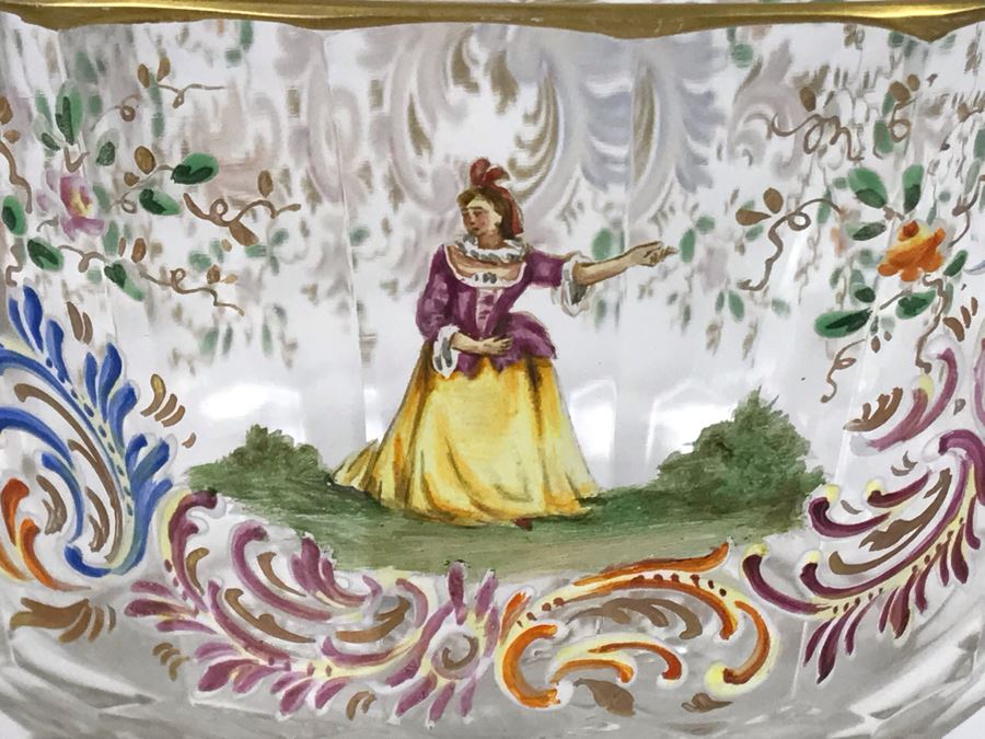 JUST ADDED - Stunning Vintage French Hand-Painted Gold Rimmed 35 Piece Crystal Glassware Includes: Stemware, Glasses, Plates, Saucers, Bowls (MOE) [Photo 36]