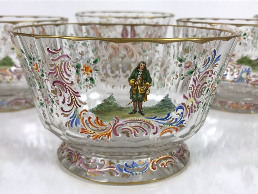 JUST ADDED - Stunning Vintage French Hand-Painted Gold Rimmed 35 Piece Crystal Glassware Includes: Stemware, Glasses, Plates, Saucers, Bowls (MOE) [Photo 41]