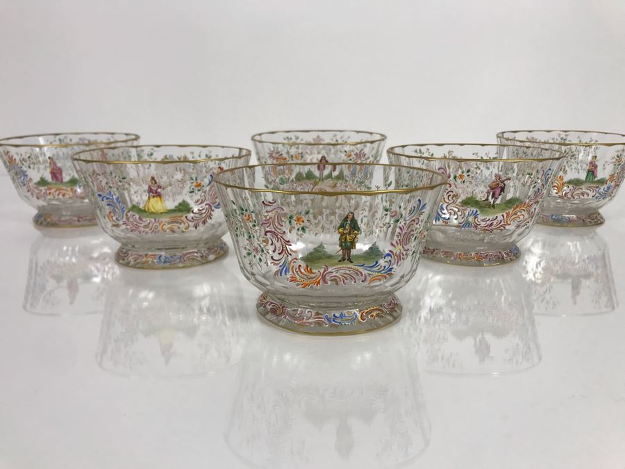 JUST ADDED - Stunning Vintage French Hand-Painted Gold Rimmed 35 Piece Crystal Glassware Includes: Stemware, Glasses, Plates, Saucers, Bowls (MOE) [Photo 29]