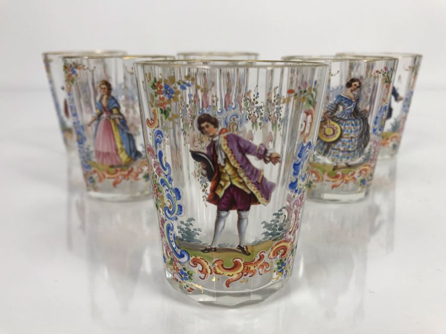 JUST ADDED - Stunning Vintage French Hand-Painted Gold Rimmed 35 Piece Crystal Glassware Includes: Stemware, Glasses, Plates, Saucers, Bowls (MOE) [Photo 42]