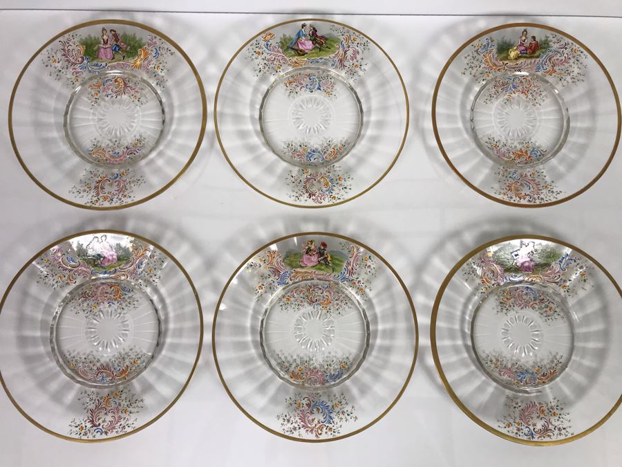 JUST ADDED - Stunning Vintage French Hand-Painted Gold Rimmed 35 Piece Crystal Glassware Includes: Stemware, Glasses, Plates, Saucers, Bowls (MOE) [Photo 54]