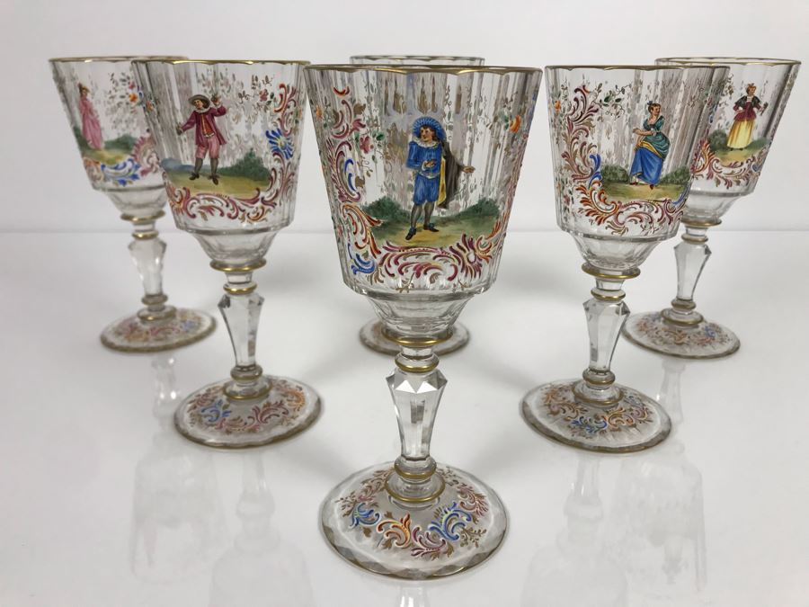 JUST ADDED - Stunning Vintage French Hand-Painted Gold Rimmed 35 Piece Crystal Glassware Includes: Stemware, Glasses, Plates, Saucers, Bowls (MOE) [Photo 4]