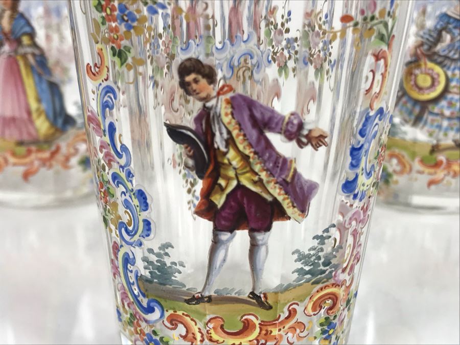 JUST ADDED - Stunning Vintage French Hand-Painted Gold Rimmed 35 Piece Crystal Glassware Includes: Stemware, Glasses, Plates, Saucers, Bowls (MOE) [Photo 44]