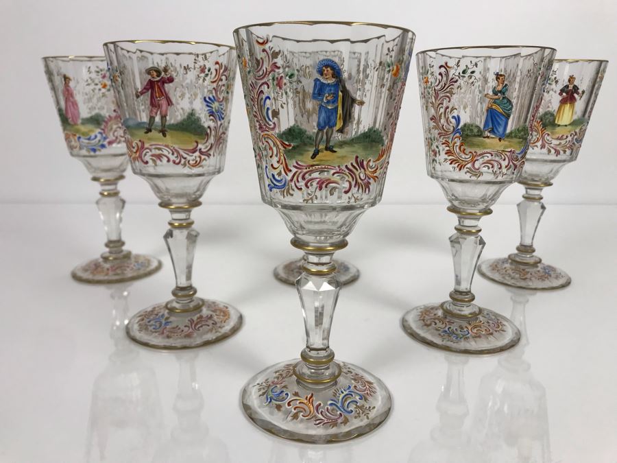 JUST ADDED - Stunning Vintage French Hand-Painted Gold Rimmed 35 Piece Crystal Glassware Includes: Stemware, Glasses, Plates, Saucers, Bowls (MOE) [Photo 5]