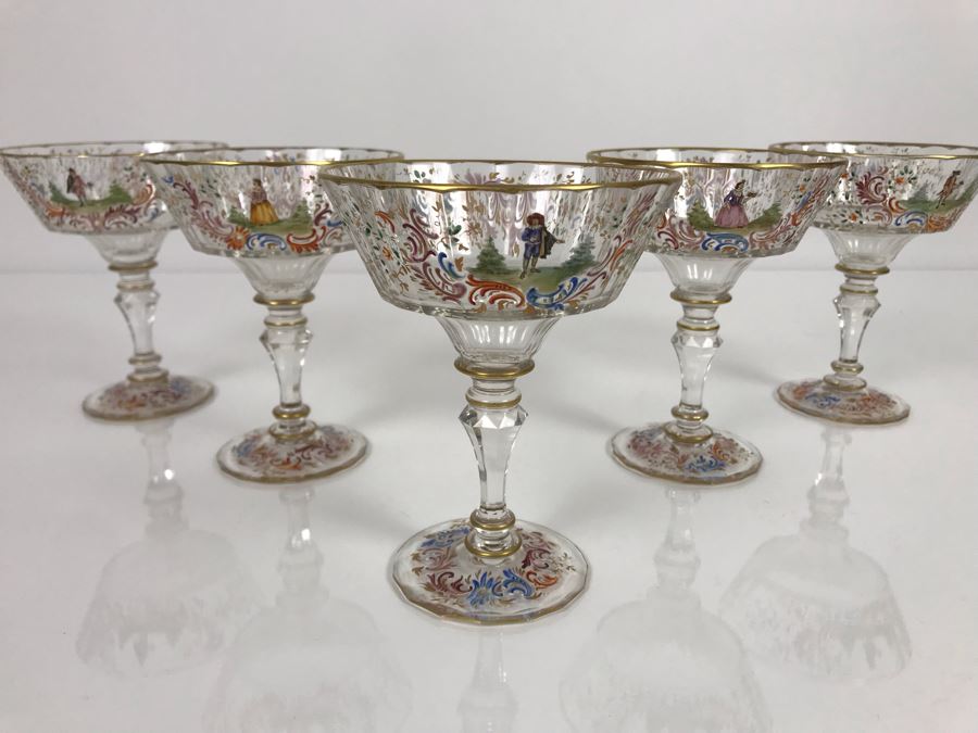 JUST ADDED - Stunning Vintage French Hand-Painted Gold Rimmed 35 Piece Crystal Glassware Includes: Stemware, Glasses, Plates, Saucers, Bowls (MOE) [Photo 18]