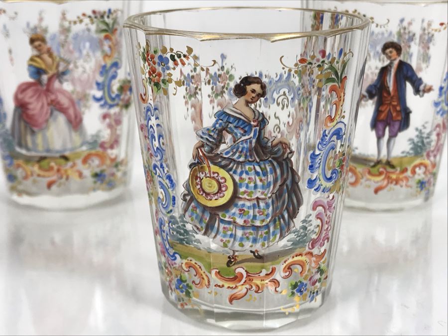 JUST ADDED - Stunning Vintage French Hand-Painted Gold Rimmed 35 Piece Crystal Glassware Includes: Stemware, Glasses, Plates, Saucers, Bowls (MOE) [Photo 47]