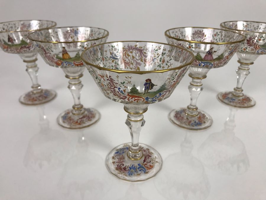 JUST ADDED - Stunning Vintage French Hand-Painted Gold Rimmed 35 Piece Crystal Glassware Includes: Stemware, Glasses, Plates, Saucers, Bowls (MOE) [Photo 20]
