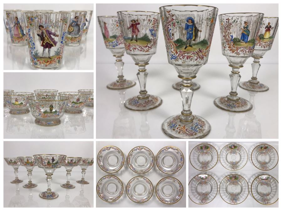 JUST ADDED - Stunning Vintage French Hand-Painted Gold Rimmed 35 Piece Crystal Glassware Includes: Stemware, Glasses, Plates, Saucers, Bowls (MOE)