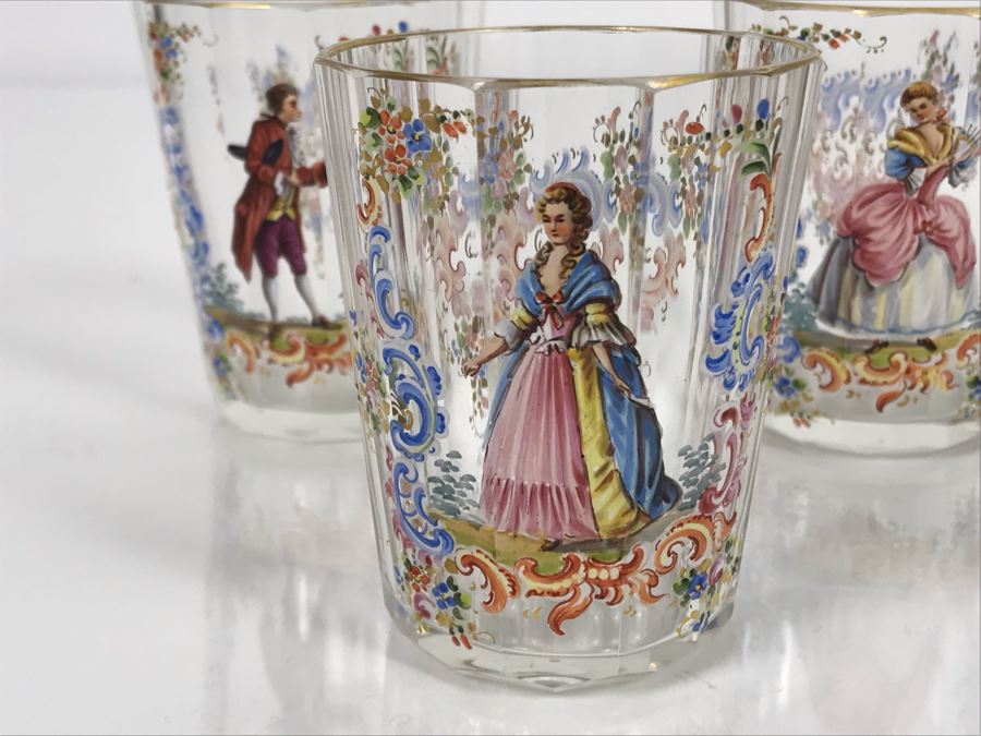 JUST ADDED - Stunning Vintage French Hand-Painted Gold Rimmed 35 Piece Crystal Glassware Includes: Stemware, Glasses, Plates, Saucers, Bowls (MOE) [Photo 48]