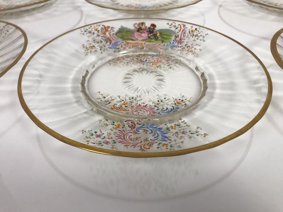 JUST ADDED - Stunning Vintage French Hand-Painted Gold Rimmed 35 Piece Crystal Glassware Includes: Stemware, Glasses, Plates, Saucers, Bowls (MOE) [Photo 56]