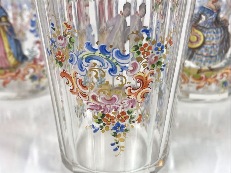 JUST ADDED - Stunning Vintage French Hand-Painted Gold Rimmed 35 Piece Crystal Glassware Includes: Stemware, Glasses, Plates, Saucers, Bowls (MOE) [Photo 45]
