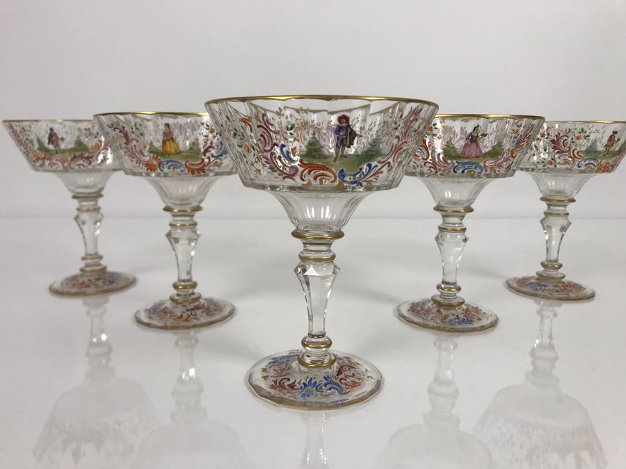 JUST ADDED - Stunning Vintage French Hand-Painted Gold Rimmed 35 Piece Crystal Glassware Includes: Stemware, Glasses, Plates, Saucers, Bowls (MOE) [Photo 19]