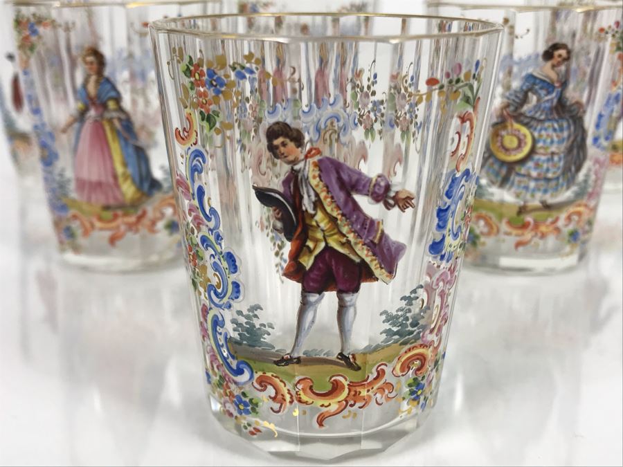 JUST ADDED - Stunning Vintage French Hand-Painted Gold Rimmed 35 Piece Crystal Glassware Includes: Stemware, Glasses, Plates, Saucers, Bowls (MOE) [Photo 43]