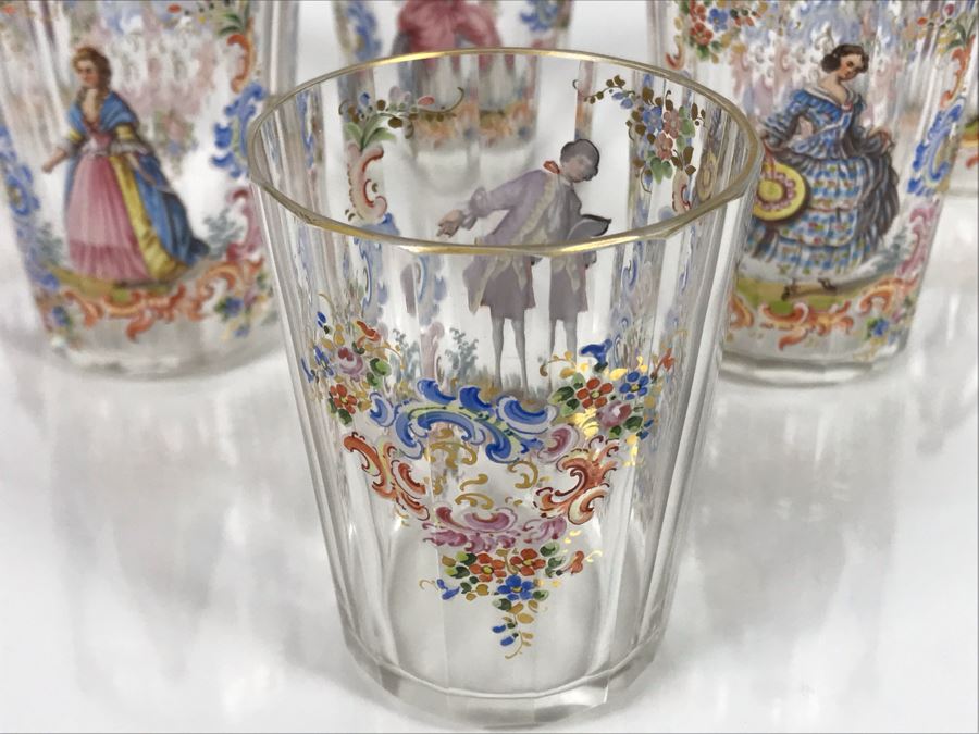 JUST ADDED - Stunning Vintage French Hand-Painted Gold Rimmed 35 Piece Crystal Glassware Includes: Stemware, Glasses, Plates, Saucers, Bowls (MOE) [Photo 46]