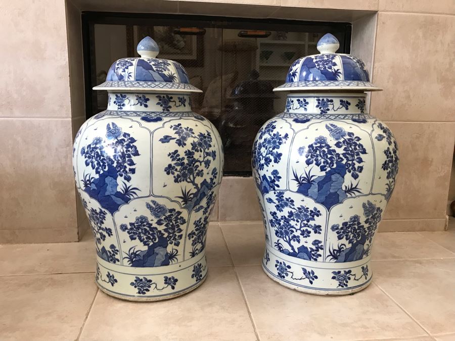 JUST ADDED - Pair Of LARGE Antique Chinese Porcelain Ginger Jars With Lids 24H X 14W (MOE) [Photo 2]