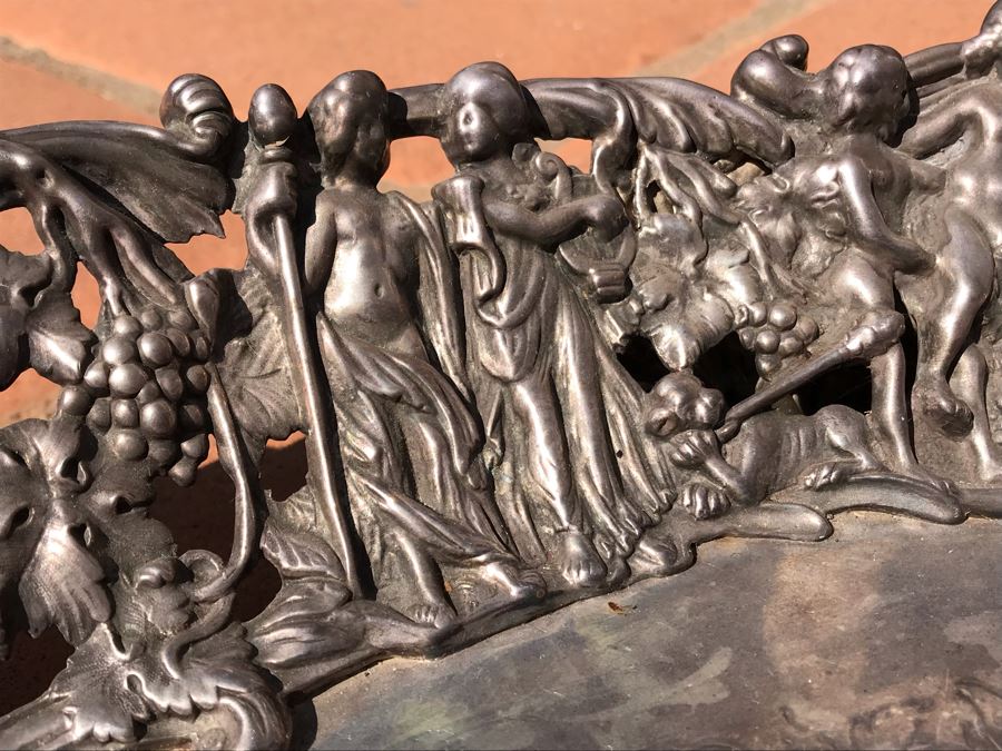 JUST ADDED - Stunning Art Nouveau Deep Relief Repousse Silverplate Footed Serving Tray Detailed Scenes Depicted Around Perimeter Including Hunting Scenes, Bacchus, Narcissus - See Photos 24R X 3H (MOE) [Photo 17]