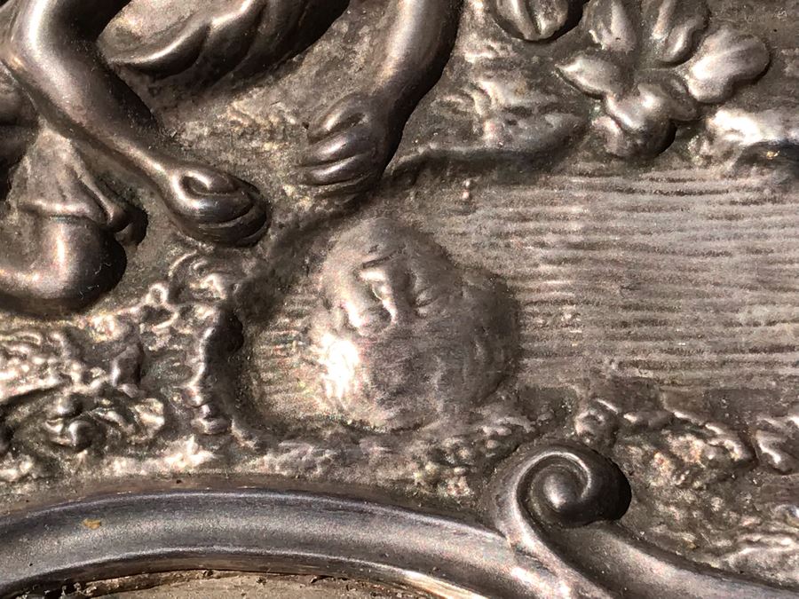 JUST ADDED - Stunning Art Nouveau Deep Relief Repousse Silverplate Footed Serving Tray Detailed Scenes Depicted Around Perimeter Including Hunting Scenes, Bacchus, Narcissus - See Photos 24R X 3H (MOE) [Photo 22]