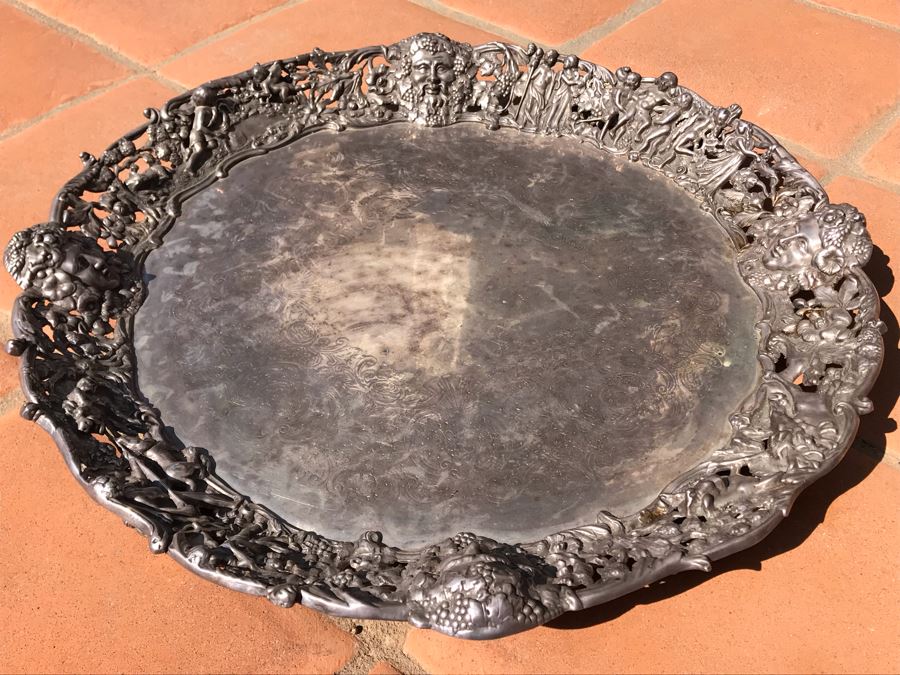 JUST ADDED - Stunning Art Nouveau Deep Relief Repousse Silverplate Footed Serving Tray Detailed Scenes Depicted Around Perimeter Including Hunting Scenes, Bacchus, Narcissus - See Photos 24R X 3H (MOE) [Photo 20]