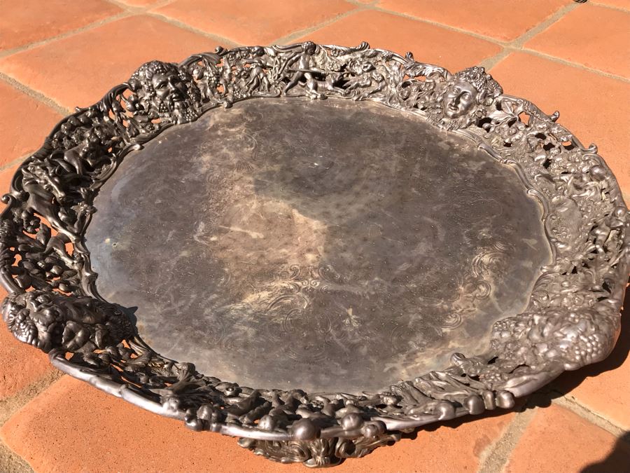 JUST ADDED - Stunning Art Nouveau Deep Relief Repousse Silverplate Footed Serving Tray Detailed Scenes Depicted Around Perimeter Including Hunting Scenes, Bacchus, Narcissus - See Photos 24R X 3H (MOE) [Photo 4]