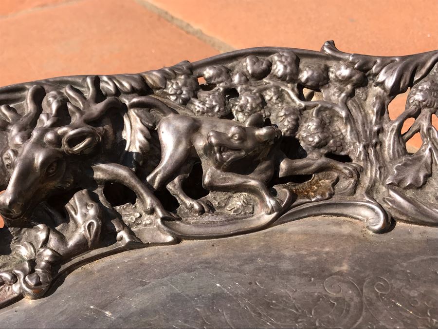 JUST ADDED - Stunning Art Nouveau Deep Relief Repousse Silverplate Footed Serving Tray Detailed Scenes Depicted Around Perimeter Including Hunting Scenes, Bacchus, Narcissus - See Photos 24R X 3H (MOE) [Photo 11]
