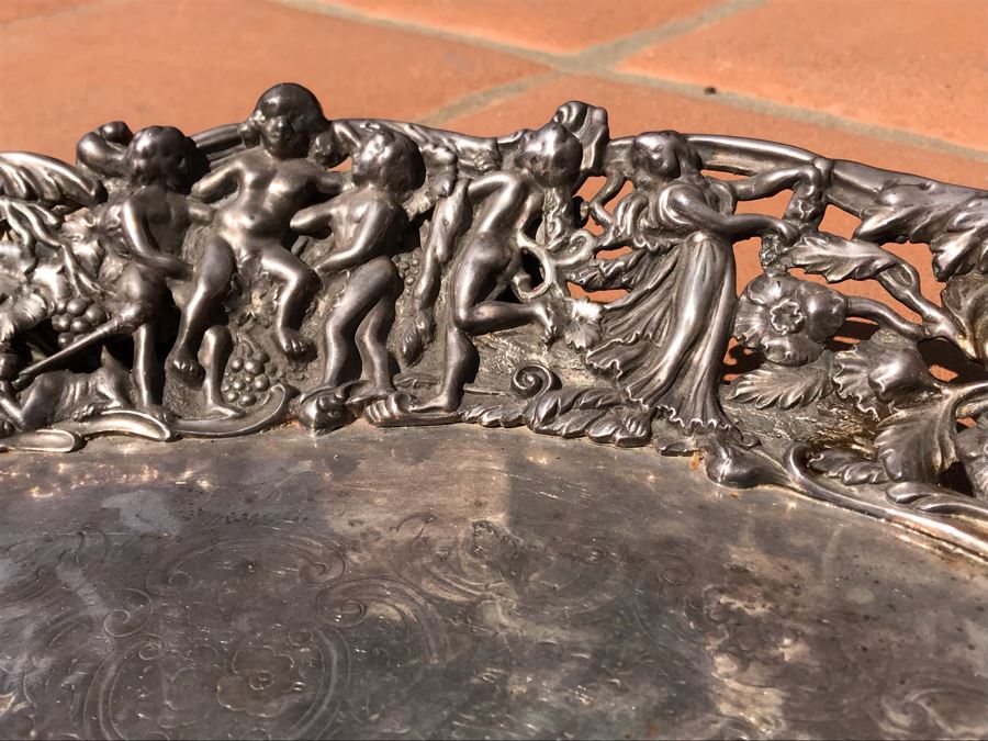JUST ADDED - Stunning Art Nouveau Deep Relief Repousse Silverplate Footed Serving Tray Detailed Scenes Depicted Around Perimeter Including Hunting Scenes, Bacchus, Narcissus - See Photos 24R X 3H (MOE) [Photo 15]