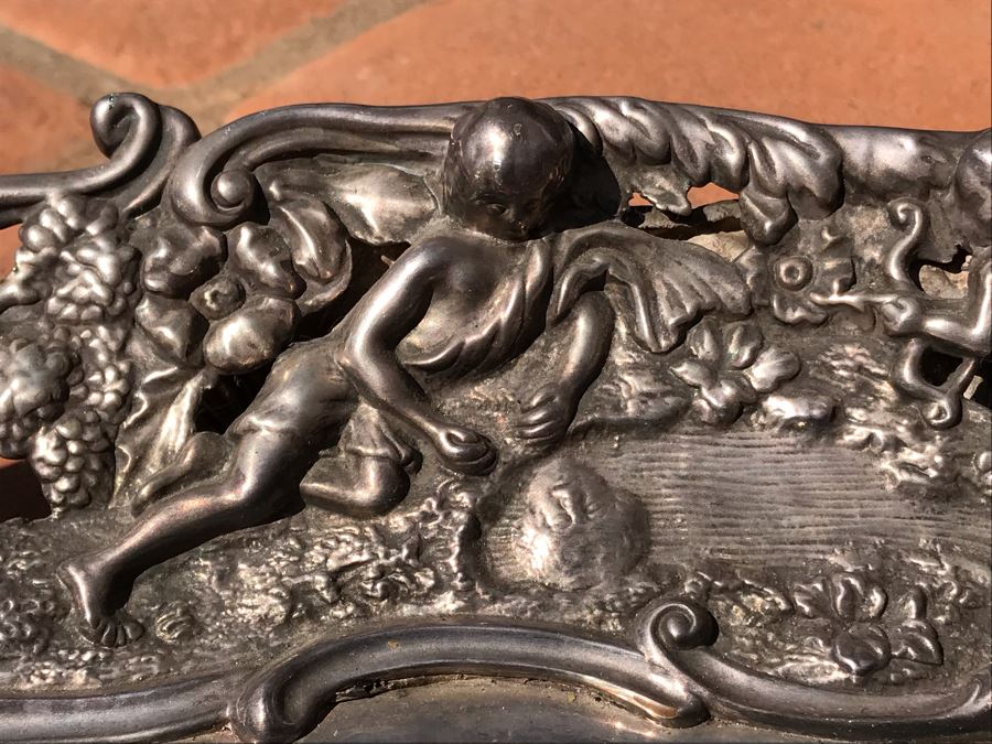 JUST ADDED - Stunning Art Nouveau Deep Relief Repousse Silverplate Footed Serving Tray Detailed Scenes Depicted Around Perimeter Including Hunting Scenes, Bacchus, Narcissus - See Photos 24R X 3H (MOE) [Photo 21]