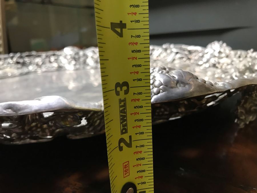 JUST ADDED - Stunning Art Nouveau Deep Relief Repousse Silverplate Footed Serving Tray Detailed Scenes Depicted Around Perimeter Including Hunting Scenes, Bacchus, Narcissus - See Photos 24R X 3H (MOE) [Photo 29]