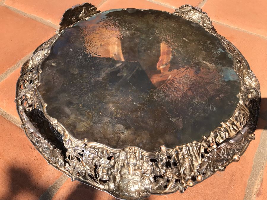 JUST ADDED - Stunning Art Nouveau Deep Relief Repousse Silverplate Footed Serving Tray Detailed Scenes Depicted Around Perimeter Including Hunting Scenes, Bacchus, Narcissus - See Photos 24R X 3H (MOE) [Photo 28]