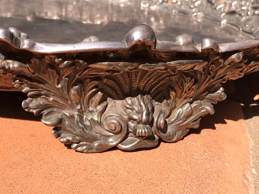 JUST ADDED - Stunning Art Nouveau Deep Relief Repousse Silverplate Footed Serving Tray Detailed Scenes Depicted Around Perimeter Including Hunting Scenes, Bacchus, Narcissus - See Photos 24R X 3H (MOE) [Photo 26]