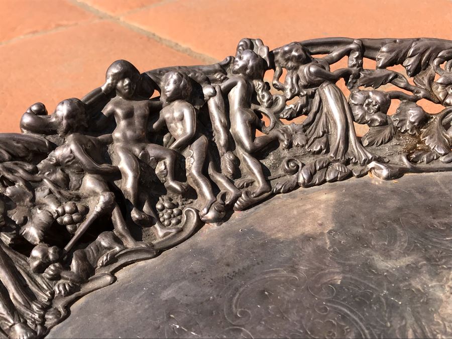 JUST ADDED - Stunning Art Nouveau Deep Relief Repousse Silverplate Footed Serving Tray Detailed Scenes Depicted Around Perimeter Including Hunting Scenes, Bacchus, Narcissus - See Photos 24R X 3H (MOE) [Photo 14]