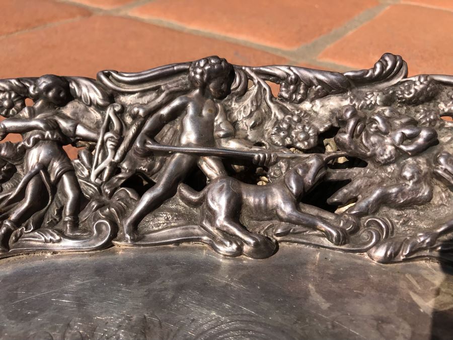 JUST ADDED - Stunning Art Nouveau Deep Relief Repousse Silverplate Footed Serving Tray Detailed Scenes Depicted Around Perimeter Including Hunting Scenes, Bacchus, Narcissus - See Photos 24R X 3H (MOE) [Photo 7]