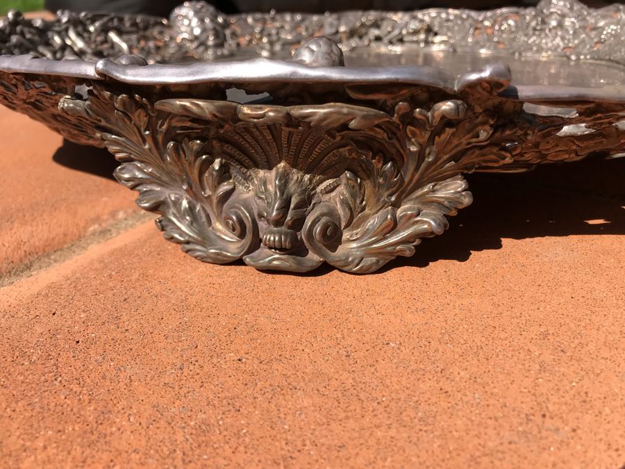 JUST ADDED - Stunning Art Nouveau Deep Relief Repousse Silverplate Footed Serving Tray Detailed Scenes Depicted Around Perimeter Including Hunting Scenes, Bacchus, Narcissus - See Photos 24R X 3H (MOE) [Photo 27]