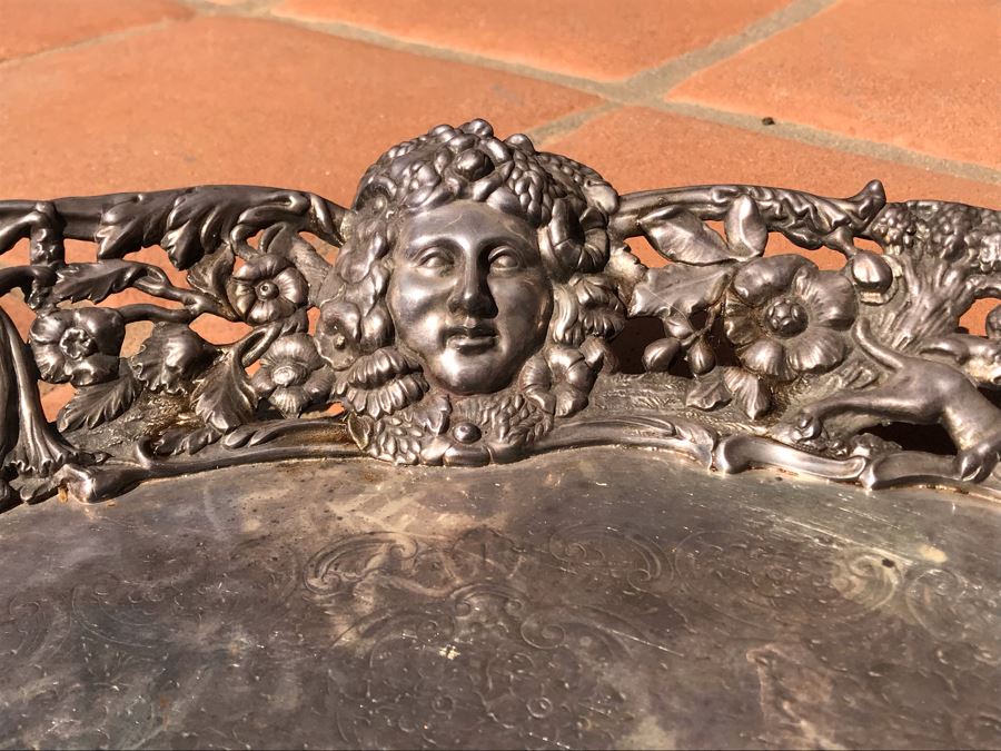 JUST ADDED - Stunning Art Nouveau Deep Relief Repousse Silverplate Footed Serving Tray Detailed Scenes Depicted Around Perimeter Including Hunting Scenes, Bacchus, Narcissus - See Photos 24R X 3H (MOE) [Photo 13]