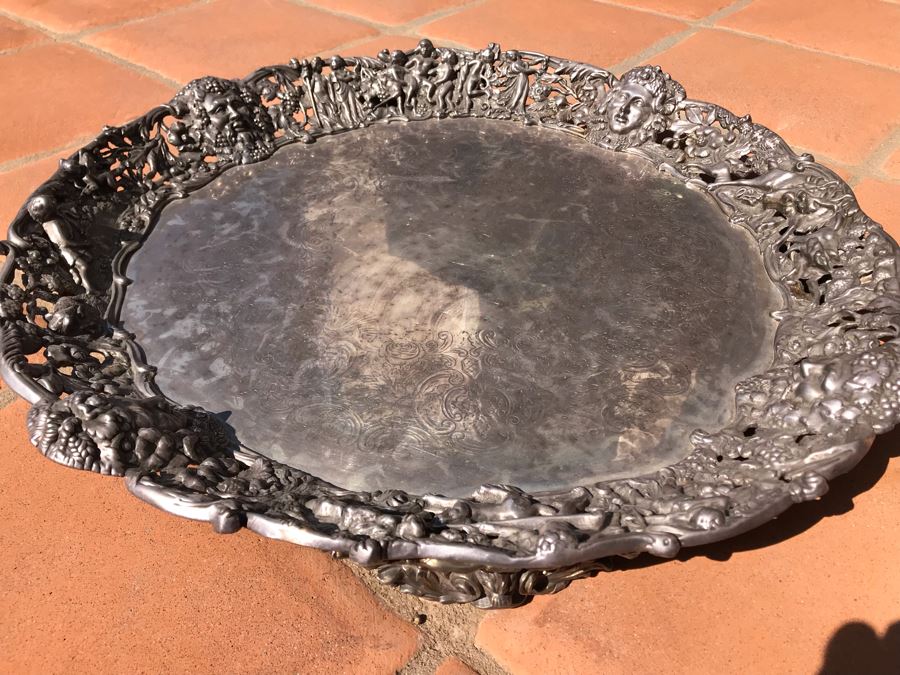 JUST ADDED - Stunning Art Nouveau Deep Relief Repousse Silverplate Footed Serving Tray Detailed Scenes Depicted Around Perimeter Including Hunting Scenes, Bacchus, Narcissus - See Photos 24R X 3H (MOE) [Photo 18]