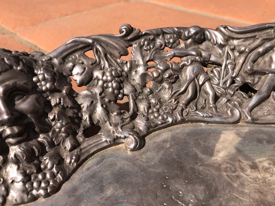 JUST ADDED - Stunning Art Nouveau Deep Relief Repousse Silverplate Footed Serving Tray Detailed Scenes Depicted Around Perimeter Including Hunting Scenes, Bacchus, Narcissus - See Photos 24R X 3H (MOE) [Photo 8]