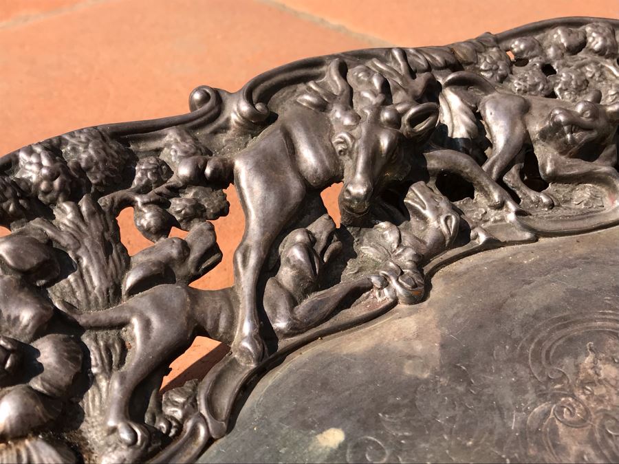 JUST ADDED - Stunning Art Nouveau Deep Relief Repousse Silverplate Footed Serving Tray Detailed Scenes Depicted Around Perimeter Including Hunting Scenes, Bacchus, Narcissus - See Photos 24R X 3H (MOE) [Photo 12]