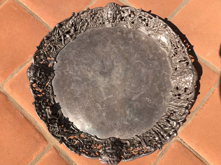 JUST ADDED - Stunning Art Nouveau Deep Relief Repousse Silverplate Footed Serving Tray Detailed Scenes Depicted Around Perimeter Including Hunting Scenes, Bacchus, Narcissus - See Photos 24R X 3H (MOE) [Photo 2]