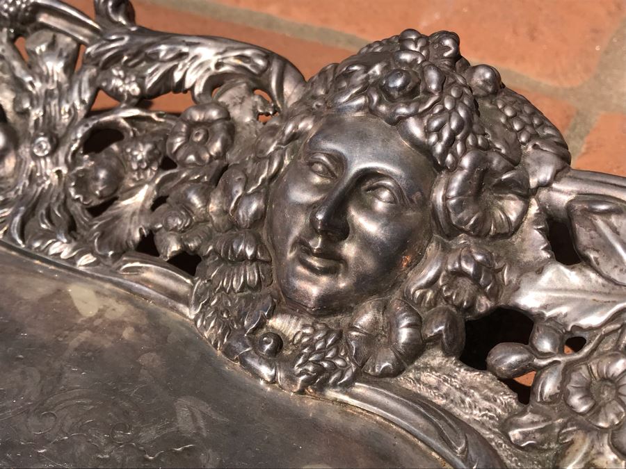 JUST ADDED - Stunning Art Nouveau Deep Relief Repousse Silverplate Footed Serving Tray Detailed Scenes Depicted Around Perimeter Including Hunting Scenes, Bacchus, Narcissus - See Photos 24R X 3H (MOE) [Photo 5]